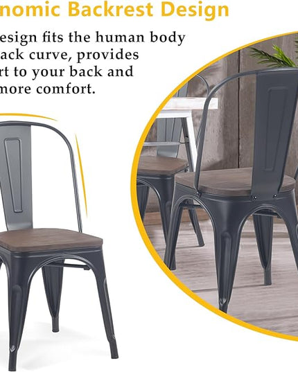 YOUNIKE Metal Dining Chairs Set of 4 Iron Stackable Removable Back Wood Seat Patio Chairs Rubber Feet Stylish Modern Indoor Outdoor Classic Chic Industrial Vintage Bistro Kitchen Matte Black - LeafyLoom