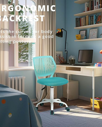 FurnitureR Writing Task Chair 360 Swivel,Low Mid PP Mesh Back Fabric Seat, Height Adjustable, Rolling Castor,W15.7”xD15.2”x H29.5-34.2",Turquoise - LeafyLoom
