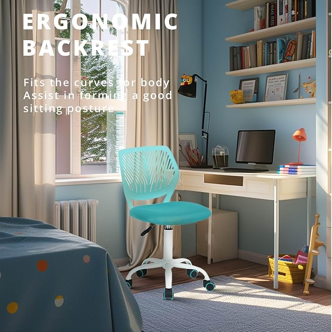 FurnitureR Writing Task Chair 360 Swivel,Low Mid PP Mesh Back Fabric Seat, Height Adjustable, Rolling Castor,W15.7”xD15.2”x H29.5-34.2",Turquoise - LeafyLoom