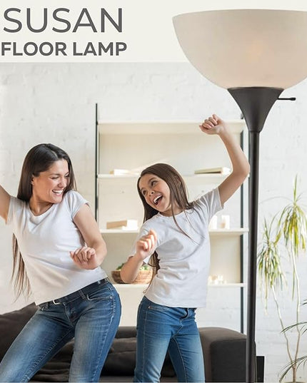 LIGHTACCENTS Stand Up Floor Lamp in Black - Modern Corner Light with White Opal Bowl Shade - Susan Design, Ideal for Living Room or Office, 72" Tall, 150-watt - Chic Living Room Floor Lamp Black - LeafyLoom