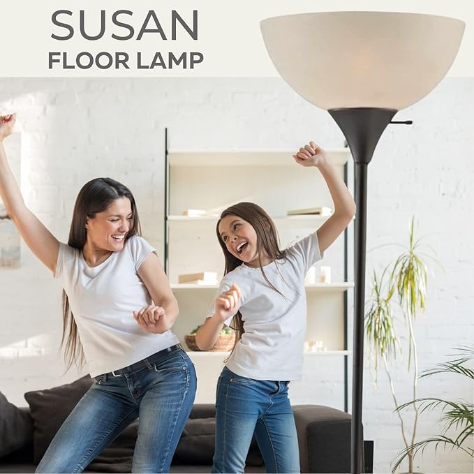 LIGHTACCENTS Stand Up Floor Lamp in Black - Modern Corner Light with White Opal Bowl Shade - Susan Design, Ideal for Living Room or Office, 72" Tall, 150-watt - Chic Living Room Floor Lamp Black - LeafyLoom