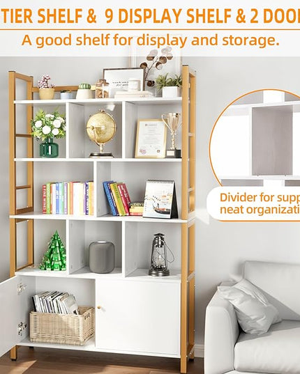 Gold and White Bookshelf with Doors, 4 Tier 39.4in Wide Heavy Duty Bookshelves with Cabinet Storage, Large Book Shelf 64.2" H x 39.4" W x 11.8" D Office Shelving, Wood & Metal Bookcase Living Room - LeafyLoom