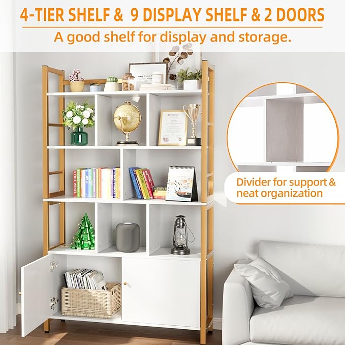 Gold and White Bookshelf with Doors, 4 Tier 39.4in Wide Heavy Duty Bookshelves with Cabinet Storage, Large Book Shelf 64.2" H x 39.4" W x 11.8" D Office Shelving, Wood & Metal Bookcase Living Room - LeafyLoom