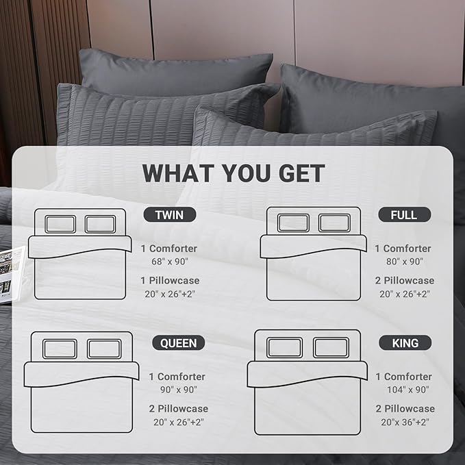 HYMOKEGE Seersucker King Size Comforter Set 3 Pieces, Lightweight Comforter Sets for Bedding, Bed Set with 1 All Season Soft Down Alternative Comforter and 2 Pillow Shams, Dark Grey - LeafyLoom