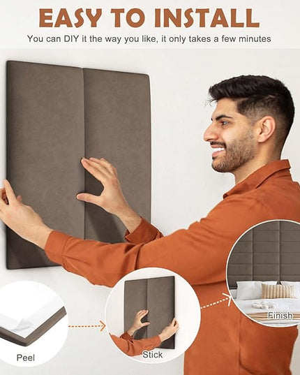 Wall Mounted Upholstered Headboard Queen, 3D Peel and Stick Soundproof Wall Panels, Reusable and Removable Padded Headboard Leather Bed Headboard, 9 Panels Headboard 9.84" x 23.62", Coffee - LeafyLoom