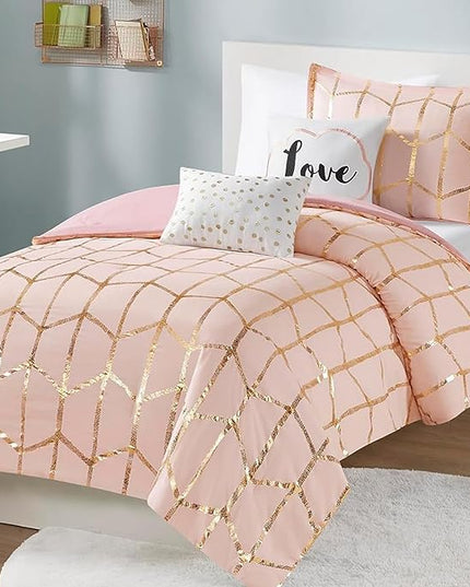 Intelligent Design Raina Twin / Twin XL Comforter Set, Soft Microfiber Comforter Set Twin, Modern Geometric Metallic Bed Set, 4 Pieces College Bedding Comforter Set with 1 Sham, 2 Toss Pillows Blush - LeafyLoom