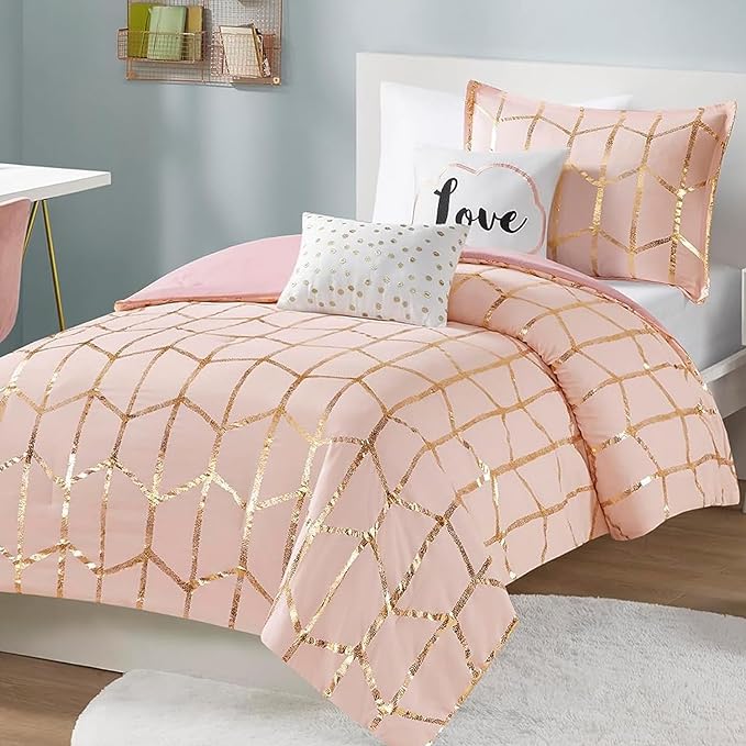 Intelligent Design Raina Twin / Twin XL Comforter Set, Soft Microfiber Comforter Set Twin, Modern Geometric Metallic Bed Set, 4 Pieces College Bedding Comforter Set with 1 Sham, 2 Toss Pillows Blush - LeafyLoom
