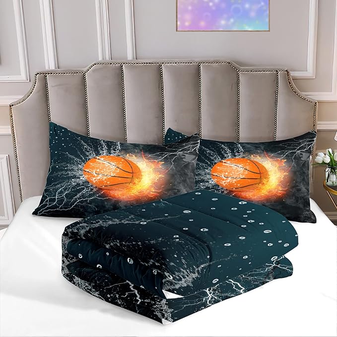 Basketball Comforter Set Queen, Sports Basketball Bedding 3 Pieces(1 Basketball Comforter 2 Pillowcases) Ice Flame Basketball Comforter Set Sport Microfiber Bedding Set for Boy Kids - LeafyLoom