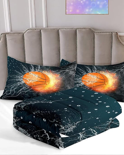 Basketball Comforter Set Full Size, Sports Basketball Bedding Boys Comforter Sets for Bedroom Fire Ice Basketball Theme Room Decor for Teen Boys, 1 Comforter 2 Pillowcase - LeafyLoom