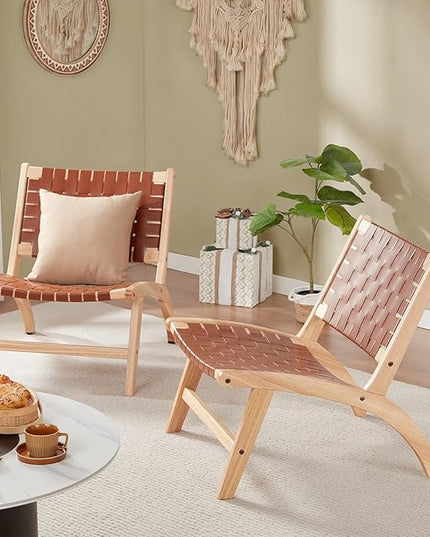 Modern Leather Accent Chairs for Living Room, Mid Century Lounge Chair, Side Brown Leather Chair Indoor Boho Scandinavian Cognac Woven Rattan Faux Leather Accent Chair - LeafyLoom