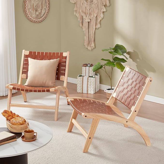 Modern Leather Accent Chairs for Living Room, Mid Century Lounge Chair, Side Brown Leather Chair Indoor Boho Scandinavian Cognac Woven Rattan Faux Leather Accent Chair - LeafyLoom
