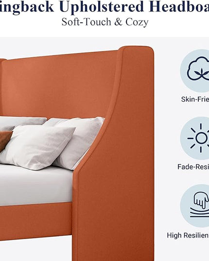 Allewie King Size Bed Frame, Platform Bed Frame with Upholstered Headboard, Modern Deluxe Wingback, Wood Slat Support, Mattress Foundation, Burnt Orange - LeafyLoom