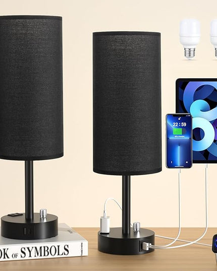 Innqoo Black Table Lamps for Boy Set of 2 - Fully Dimmable Bedroom Lamp with USB C Charging Port, Bedside Lamps with USB Ports and Outlets, Night Lamps for Reading, Nursery, Study with Black Base - LeafyLoom
