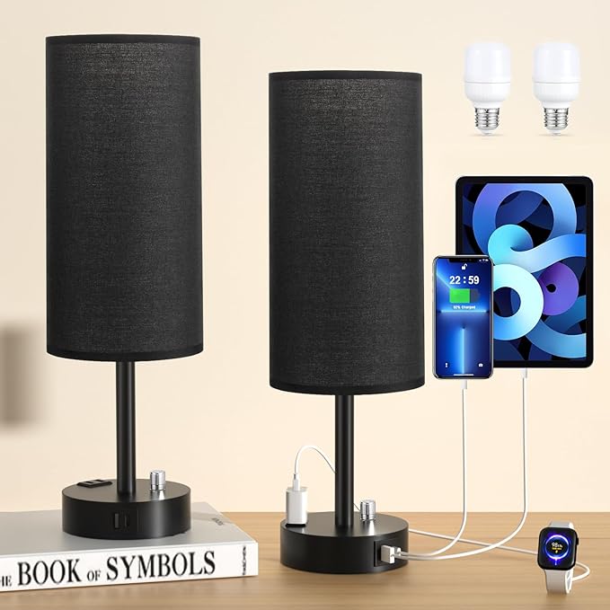 Innqoo Black Table Lamps for Boy Set of 2 - Fully Dimmable Bedroom Lamp with USB C Charging Port, Bedside Lamps with USB Ports and Outlets, Night Lamps for Reading, Nursery, Study with Black Base - LeafyLoom