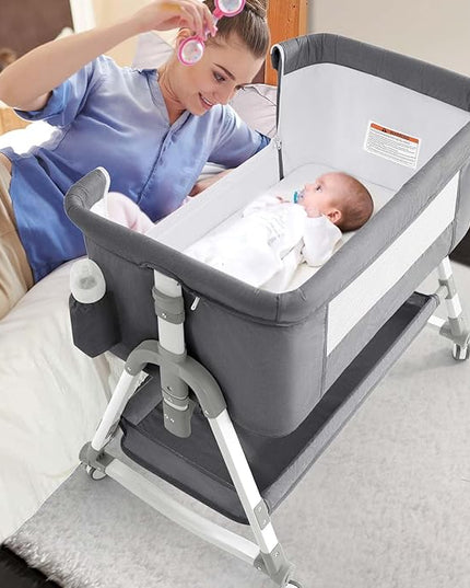 4 in 1 Baby Bassinet,Easy Folding Portable Bedside Crib with Comfy Mattress and Wheels,Height Adjustable Bassinet with Mosquito net Included,Grey - LeafyLoom