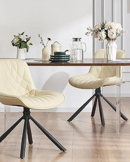 YOUNUOKE Upholstered Dining Chairs Set of 2 Comfortable Mid Century Modern Kitchen Chair with Sturdy Metal Legs Faux Leather Dinner Chairs for Kitchen Dining Room, Beige - LeafyLoom