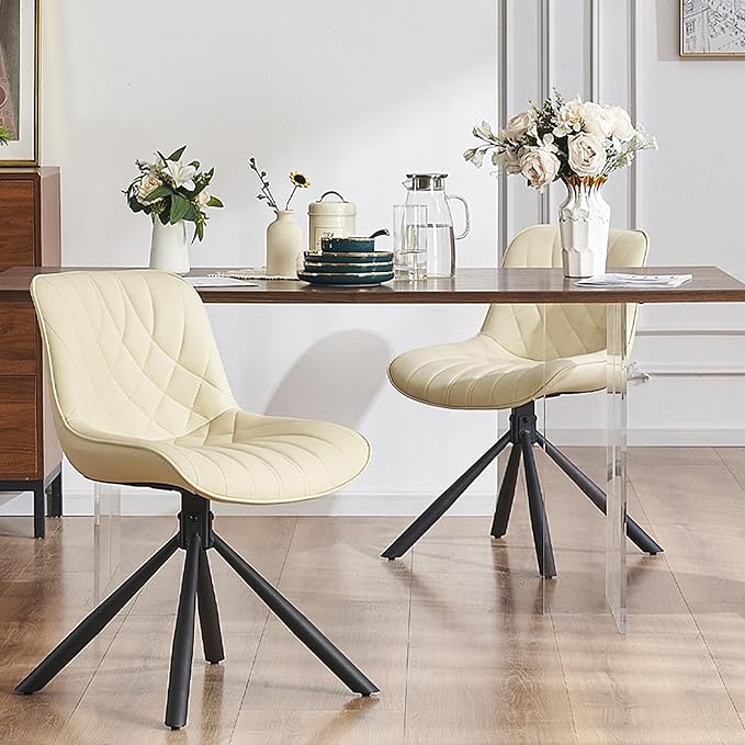 YOUNUOKE Upholstered Dining Chairs Set of 2 Comfortable Mid Century Modern Kitchen Chair with Sturdy Metal Legs Faux Leather Dinner Chairs for Kitchen Dining Room, Beige - LeafyLoom