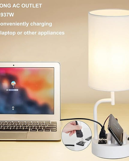 Dreamholder Table Lamp with 3 USB Charging Ports, Modern Desk Lamp with AC Outlet and Phone Stands, Perfect Bedside Lamp for Bedroom, Living Room, Office (Pack of 2), White - LeafyLoom