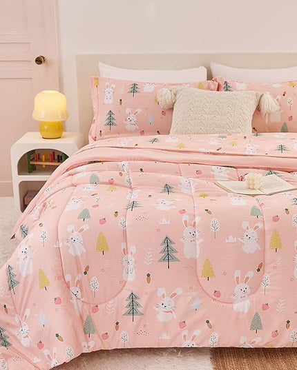 Pink Bunny Kids Comforter Set for Girls Twin, Cute Reversible Quilted Printed Woodland Bedding Set with Pillow Sham, Lightweight Soft Breathable Machine Washable Bed Set 2 Piece - LeafyLoom