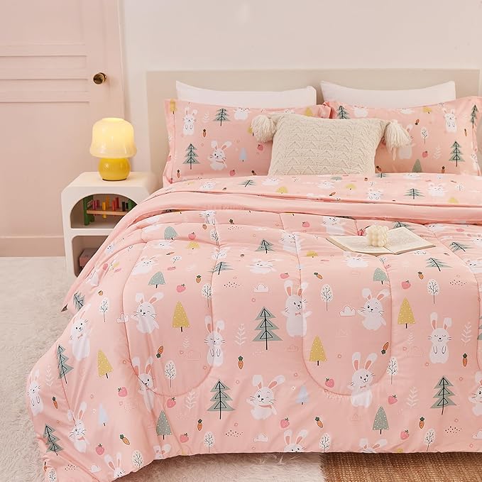 Pink Bunny Kids Comforter Set for Girls Twin, Cute Reversible Quilted Printed Woodland Bedding Set with Pillow Sham, Lightweight Soft Breathable Machine Washable Bed Set 2 Piece - LeafyLoom