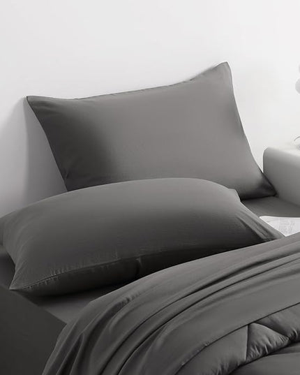 NTBAY Twin Comforter Set with Sheets, 5 Pieces Soft and Breathable Twin Bedding Set, Twin Bed in a Bag, Down Alternative Comforter Set Solid Color All Season, Kids Bedding Set, Dark Grey - LeafyLoom