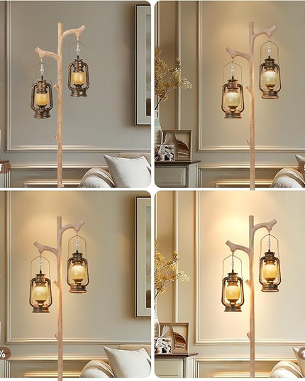 68" Vintage Dimmable Floor Lamp, Standing Lamp with Classical Lanterns, Rustic Tree Trunk LED Tall Corner Lamp with Wood Finish, Western Farmhouse Decor for Living Room Bedroom Office - LeafyLoom