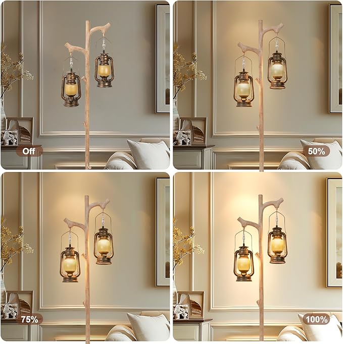 68" Vintage Dimmable Floor Lamp, Standing Lamp with Classical Lanterns, Rustic Tree Trunk LED Tall Corner Lamp with Wood Finish, Western Farmhouse Decor for Living Room Bedroom Office - LeafyLoom