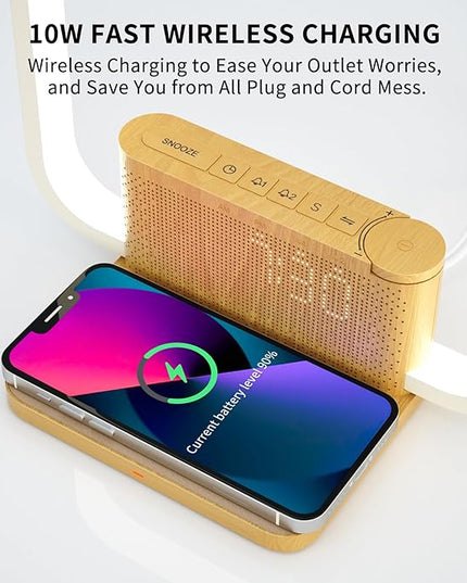 Touch Lamp with Alarm Clock Wireless Charging 3 Level Dimmable Bedside Lamps for Bedroom Living Room,Sunrise Clock LED Wake-up Light with Natural White Noise Sound Desk Lamp for Reading Office. - LeafyLoom