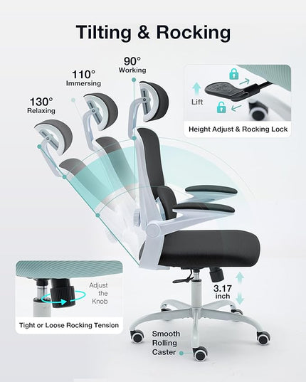 Ergonomic Office Chair with Tilt-Lock, Home Office Desk Chair with Auto Lumbar Support, High Back Mesh Desk Chair with Adjustable Headrest, Swivel Task Chair or Study Bedroom,Black and White - LeafyLoom