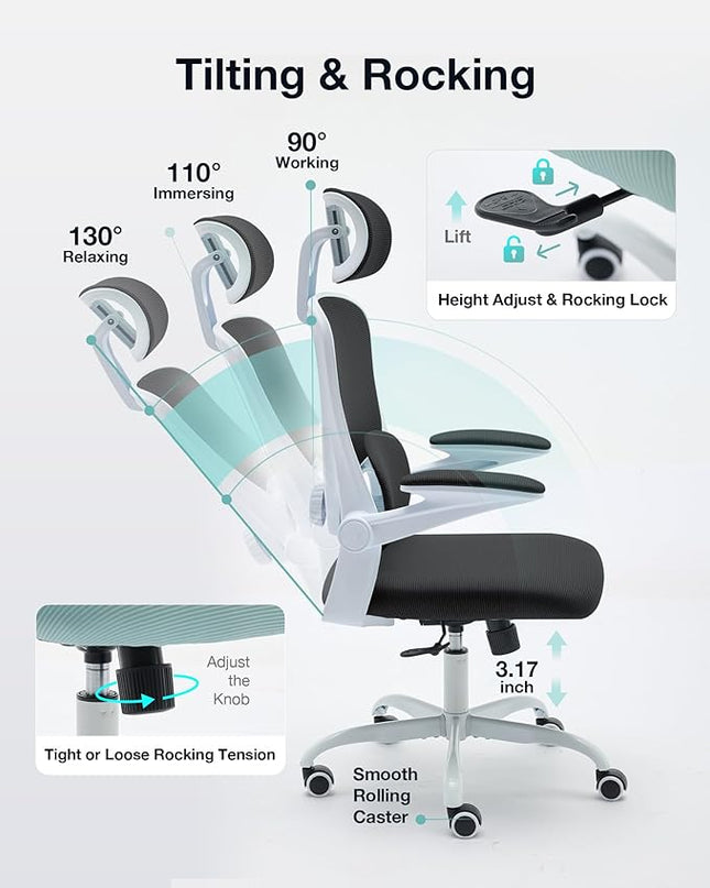 Ergonomic Office Chair with Tilt-Lock, Home Office Desk Chair with Auto Lumbar Support, High Back Mesh Desk Chair with Adjustable Headrest, Swivel Task Chair or Study Bedroom,Black and White - LeafyLoom