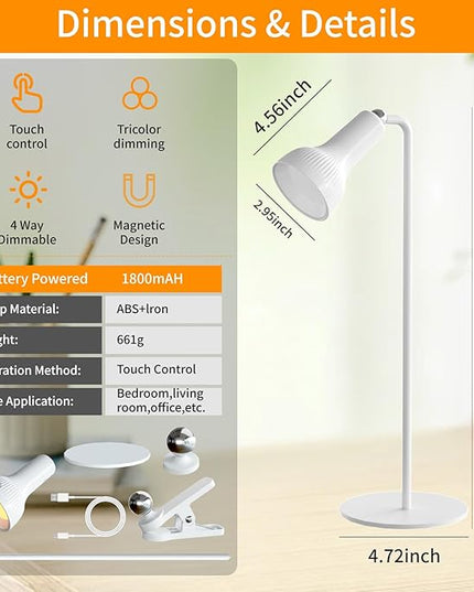 Battery Operated Lamp, LED Wall Sconce, Rechargeable Desk Lamp with 4 Color Modes and 360°Rotate Magnetic Ball, Removable Cordless Wall Light for Reading Bedside Nightstand - LeafyLoom