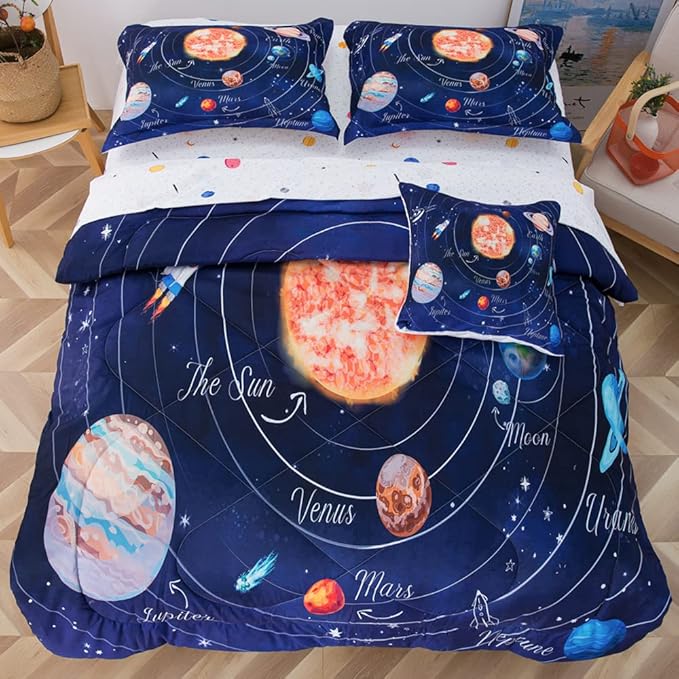 ADASMILE A & S Solar System Comforter Set Twin Outer Space Comforter for Kids 6 Pcs Bed in A Bag Twin Comforter Set for Boys Space Bed Set Galaxy Comforter with Star Moon Sheets for Kids Home Decor - LeafyLoom