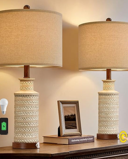 BOBOMOMO 24.5'' 3-Way Dimmable Touch Control Table Lamp Set of 2 with Dual USB Charging Ports for Bedroom Living Room Vintage Rustic Farmhouse Traditional Nightstand Bedside Lamps(Bulbs Included) - LeafyLoom