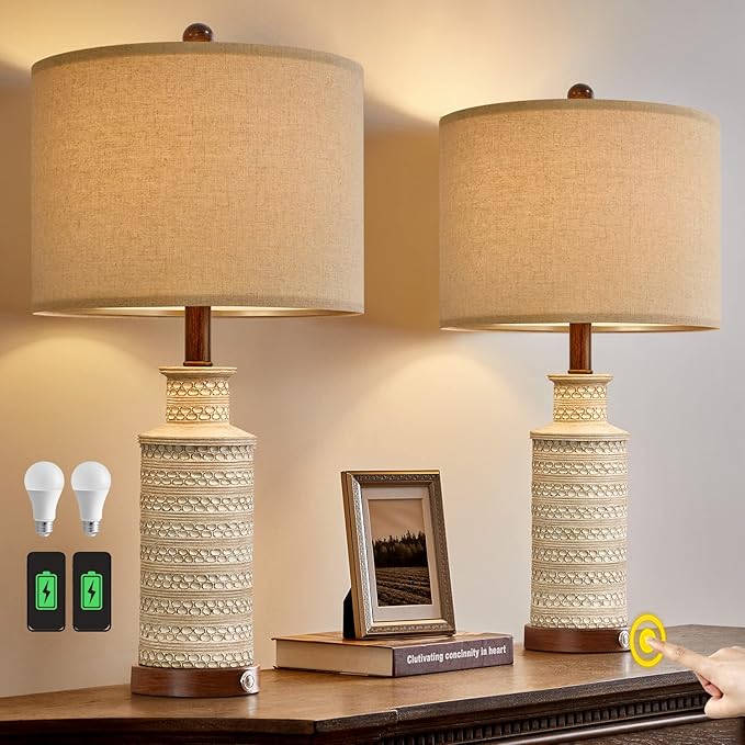 BOBOMOMO 24.5'' 3-Way Dimmable Touch Control Table Lamp Set of 2 with Dual USB Charging Ports for Bedroom Living Room Vintage Rustic Farmhouse Traditional Nightstand Bedside Lamps(Bulbs Included) - LeafyLoom