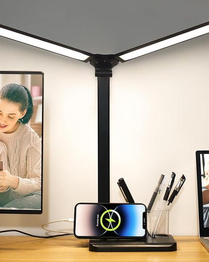 Qooltek Touch Control LED Desk Lamp, Table Lamp with 5 Color Modes Dimmable Brightness for Home Office, Dual Swing Arm USB Charging Port Desk Light, Eye-Caring Reading Light with Pen Holder, Black - LeafyLoom