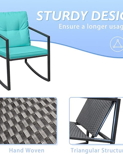 Greesum 3 Pieces Rocking Wicker Bistro Set, Patio Outdoor Furniture Conversation Sets with Porch Chairs and Glass Coffee Table, Blue - LeafyLoom