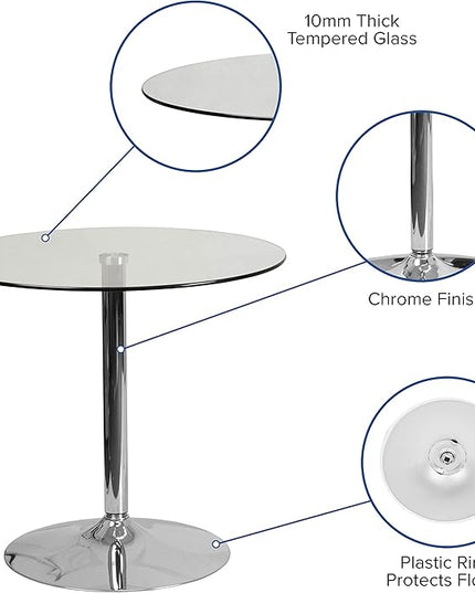 Flash Furniture Hills 31.5'' Round Glass Dining Table with 29''H Chrome Base, Decorative Narrow Round Tempered Glass Cocktail Table, Clear/Silver - LeafyLoom