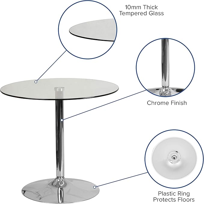 Flash Furniture Hills 31.5'' Round Glass Dining Table with 29''H Chrome Base, Decorative Narrow Round Tempered Glass Cocktail Table, Clear/Silver - LeafyLoom