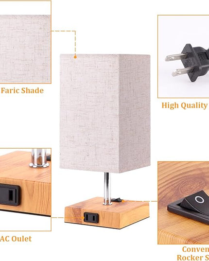 Dott Arts Small Table Lamps for Bedrooms Set of 2,2700K 4000k 5000K Nightstand Lamps with AC Outlets，Minimalist Wood Bedside Lamp with Square Shade,Night Light Lamp for Living Room Kids Room Office - LeafyLoom