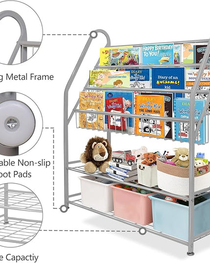 aboxoo Metal Kids Bookshelf Grey Bookcase LargeFreestanding for Children Room 32 in Toy Organizer Large Stable Bookcase Bookstore Library Book Unit Storage Kids Bed Living Room - LeafyLoom