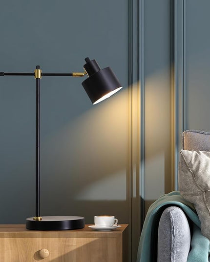 OYEARS Modern Industrial Desk Lamp for Reading LED 22.2“ Metal Table Lamp Light for Office Bedroom Study Room Living Room Nightstand Bedside Lamps Gold and Matte Black Accent (Black, Bulb Included) - LeafyLoom