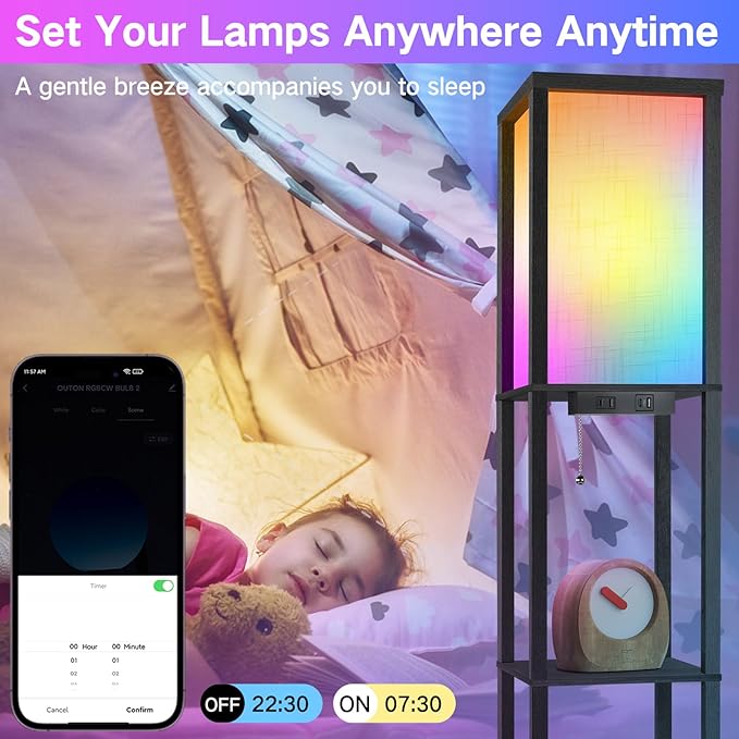 OUTON Floor Lamp with Shelves, LED Dimmable Floor Lamp with Remote & App & Voice Control, Charging Station, Color Changing, Wood Column Tall Standing Lamp for Living Room, Bedroom Office - LeafyLoom