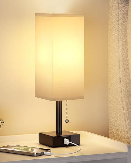Gray Small Bedroom Lamp - 3 Color Temperature 3000K 5000K 4000K Bedside Lamp, Pull Chain Control, USB A and C Charging Ports, Black Base, for Kids Office Dorm, Bulb Included - LeafyLoom