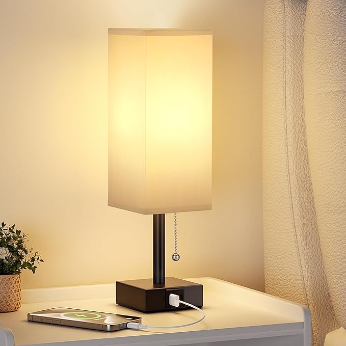 Gray Small Bedroom Lamp - 3 Color Temperature 3000K 5000K 4000K Bedside Lamp, Pull Chain Control, USB A and C Charging Ports, Black Base, for Kids Office Dorm, Bulb Included - LeafyLoom