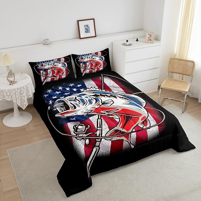 American Flag Comforter Set Farmhouse Fishing Bedding Set for Kids Boys Girls Teens Room Wild Fish Decor Comforter Red Blue Stripe Quilted Set 3Pcs Queen Size - LeafyLoom