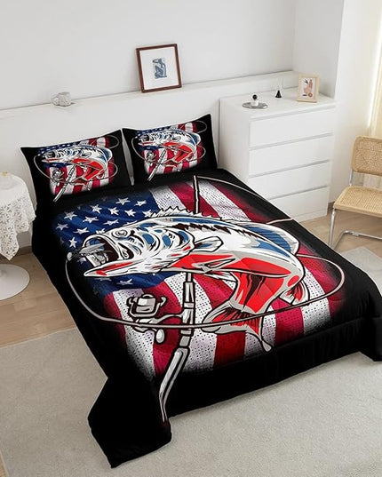 American Flag Comforter Set Farmhouse Fishing Bedding Set for Kids Boys Girls Teens Room Wild Fish Decor Comforter Red Blue Stripe Quilted Set 2Pcs Twin Size - LeafyLoom