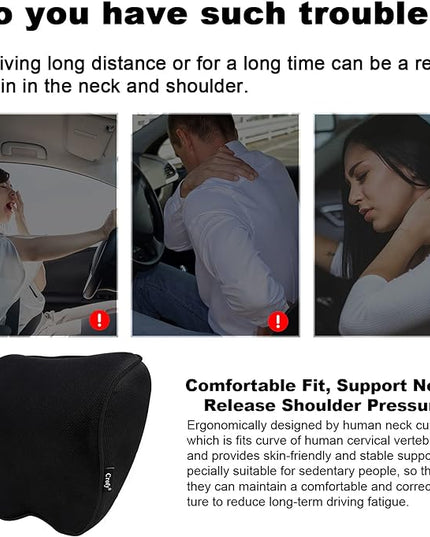 2 Pack Car Neck Pillow, Softness Car Headrest Pillow for Driving with Adjustable Strap, 100% Memory Foam and Breathable Removable Cover, Comfortable Ergonomic Design (Black Side Rope) - LeafyLoom