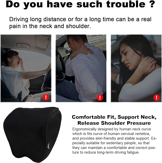 2 Pack Car Neck Pillow, Softness Car Headrest Pillow for Driving with Adjustable Strap, 100% Memory Foam and Breathable Removable Cover, Comfortable Ergonomic Design (Black Side Rope) - LeafyLoom