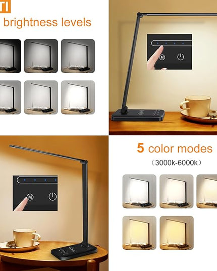 LED Desk Lamp with Wireless charging，Dimmable Desk Light, 5 Light Colors, 6 Brightness Levels, Touch Control Table Lamp with USB Rechargeable, Auto Timer, for College Dorm, Home, Office - LeafyLoom