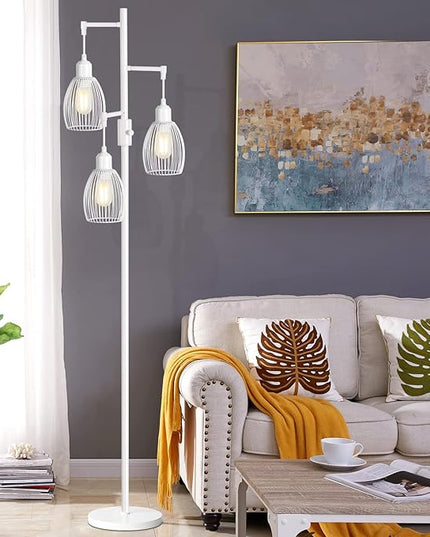 Dimmable Floor Lamp, 3 x 800LM LED Edison Bulbs Included, Farmhouse Industrial Floor Lamp Standing Lamp with Elegant Teardrop Cage Head Tall Lamp for Living Room Bedroom Office Dining Room - White - LeafyLoom